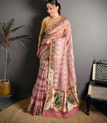 peach color premium cotton blend flower-peacock printed sarees