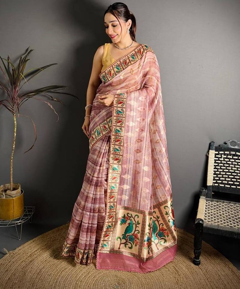peach color premium cotton blend flower-peacock printed sarees