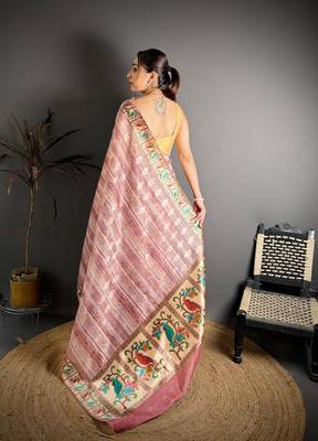 peach color premium cotton blend flower-peacock printed sarees 2