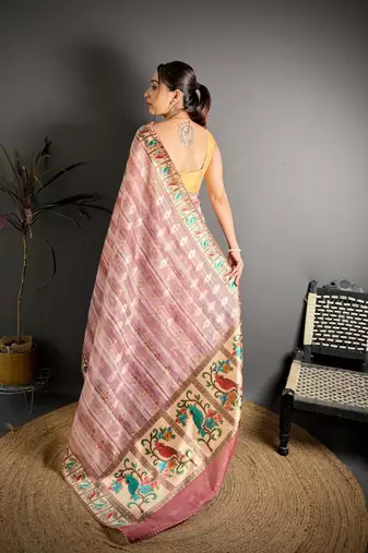 peach color premium cotton blend flower-peacock printed sarees