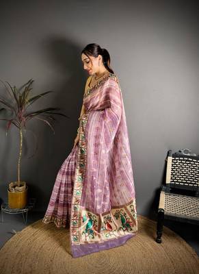 pink color premium cotton blend flower-peacock printed sarees 3