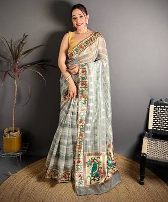 grey color premium cotton blend flower-peacock printed sarees 1