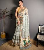 grey color premium cotton blend flower-peacock printed sarees