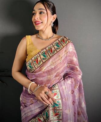 pink color premium cotton blend flower-peacock printed sarees 4