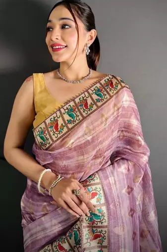 pink color premium cotton blend flower-peacock printed sarees