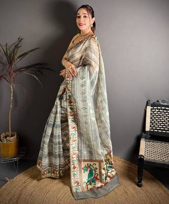 grey color premium cotton blend flower-peacock printed sarees 2