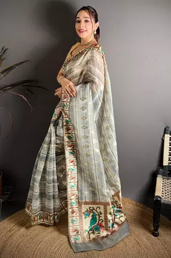 grey color premium cotton blend flower-peacock printed sarees