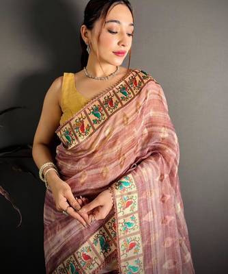 peach color premium cotton blend flower-peacock printed sarees 4
