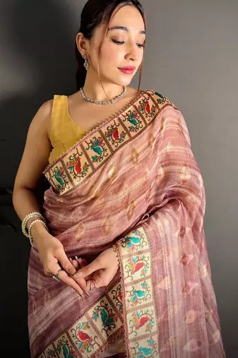 peach color premium cotton blend flower-peacock printed sarees
