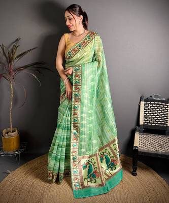 green color premium cotton blend flower-peacock printed sarees 1