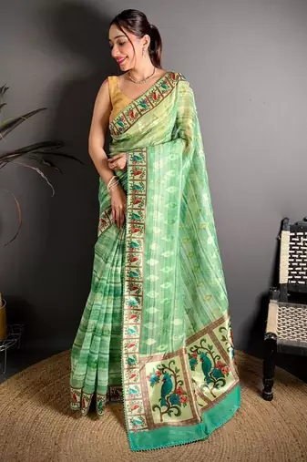 green color premium cotton blend flower-peacock printed sarees