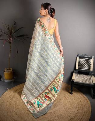 grey color premium cotton blend flower-peacock printed sarees 4