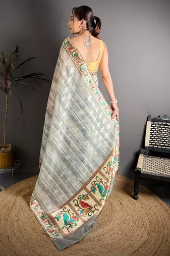 grey color premium cotton blend flower-peacock printed sarees