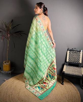 green color premium cotton blend flower-peacock printed sarees 2