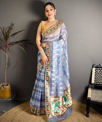 blue color premium cotton blend flower-peacock printed sarees 1
