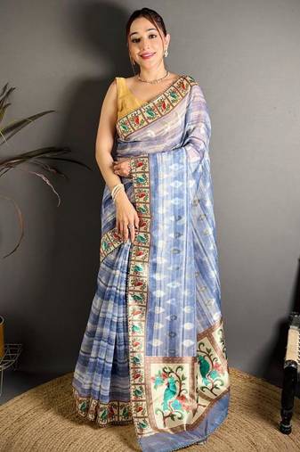 blue color premium cotton blend flower-peacock printed sarees