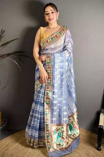 blue color premium cotton blend flower-peacock printed sarees