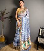 blue color premium cotton blend flower-peacock printed sarees
