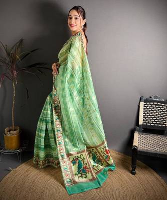 green color premium cotton blend flower-peacock printed sarees 3
