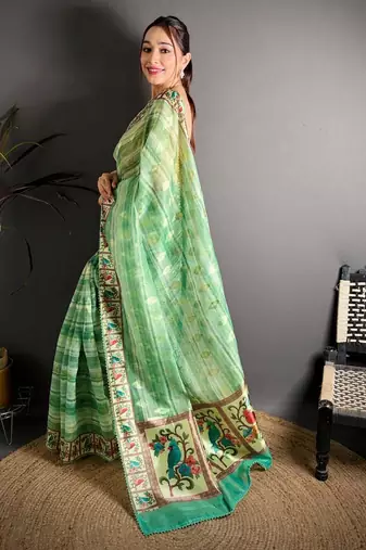 green color premium cotton blend flower-peacock printed sarees