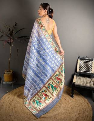 blue color premium cotton blend flower-peacock printed sarees 2