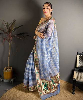 blue color premium cotton blend flower-peacock printed sarees 3