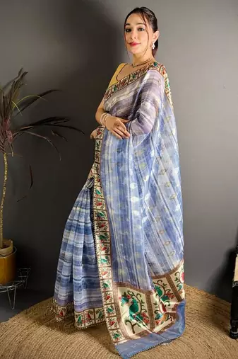 blue color premium cotton blend flower-peacock printed sarees