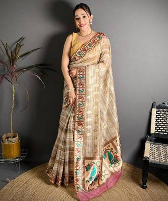 beige color premium cotton blend flower-peacock printed sarees 1