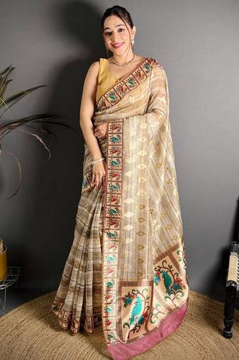 beige color premium cotton blend flower-peacock printed sarees