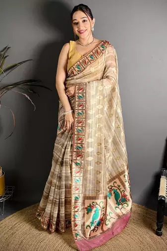 beige color premium cotton blend flower-peacock printed sarees