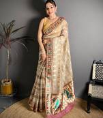 beige color premium cotton blend flower-peacock printed sarees