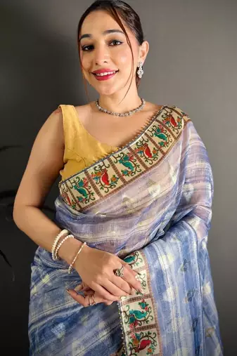 blue color premium cotton blend flower-peacock printed sarees