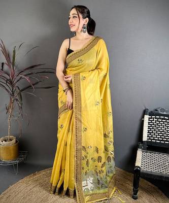 yellow color muga cotton blend woven with flower printed saree 1