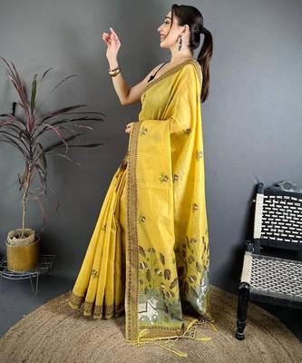 yellow color muga cotton blend woven with flower printed saree 2