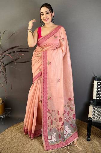 pink color muga cotton blend woven with flower printed saree
