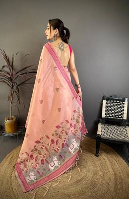 pink color muga cotton blend woven with flower printed saree 2
