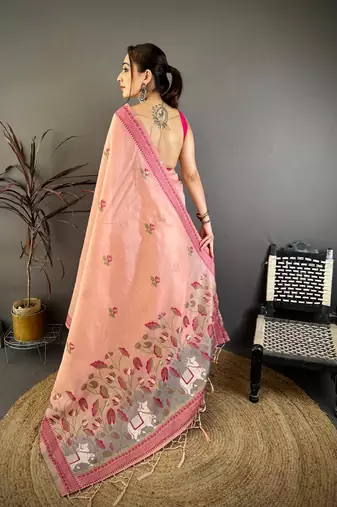 pink color muga cotton blend woven with flower printed saree