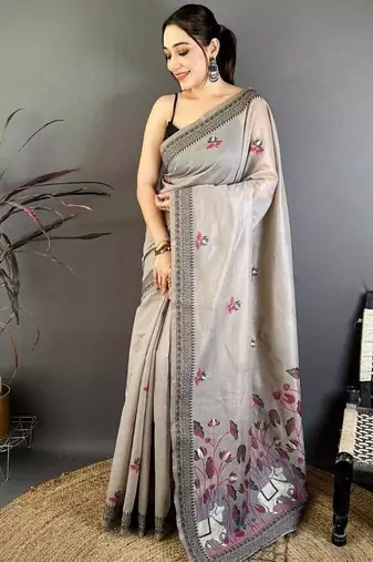 grey color muga cotton blend woven with flower printed saree