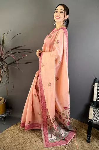 pink color muga cotton blend woven with flower printed saree