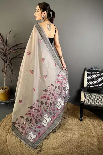 grey color muga cotton blend woven with flower printed saree