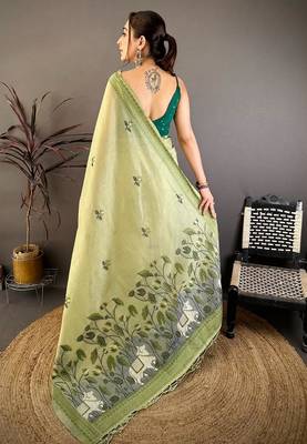 green color muga cotton blend woven with flower printed saree 2