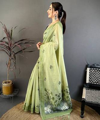 green color muga cotton blend woven with flower printed saree 3