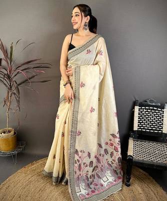 cream color muga cotton blend woven with flower printed saree 1