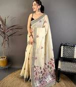 cream color muga cotton blend woven with flower printed saree