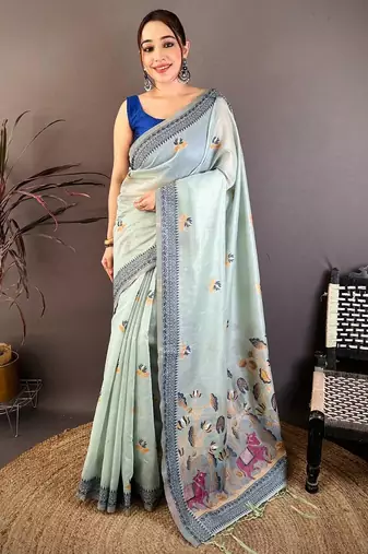 skyblue color muga cotton blend woven with flower printed saree