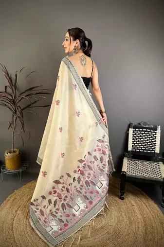 cream color muga cotton blend woven with flower printed saree