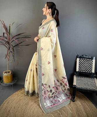 cream color muga cotton blend woven with flower printed saree 3