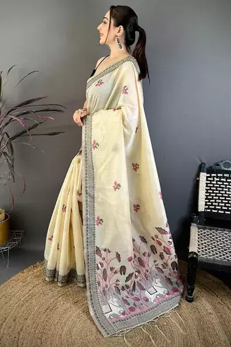 cream color muga cotton blend woven with flower printed saree