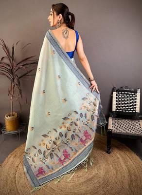 skyblue color muga cotton blend woven with flower printed saree 2