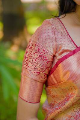red color kanchipuram silk blend zari weaving saree with blouse piece 2